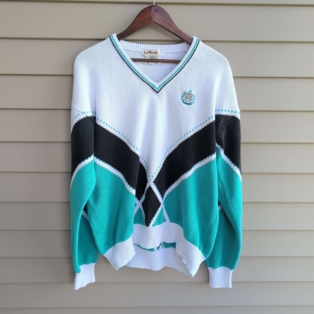 La Mode V-Neck Sweater Mens XL White Teal Black Geometric Handknit Cotton